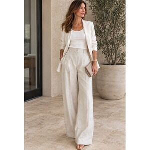 HELSA Organic Linen Pants Natural Beige High Rise Pleated Wide Leg Trousers M